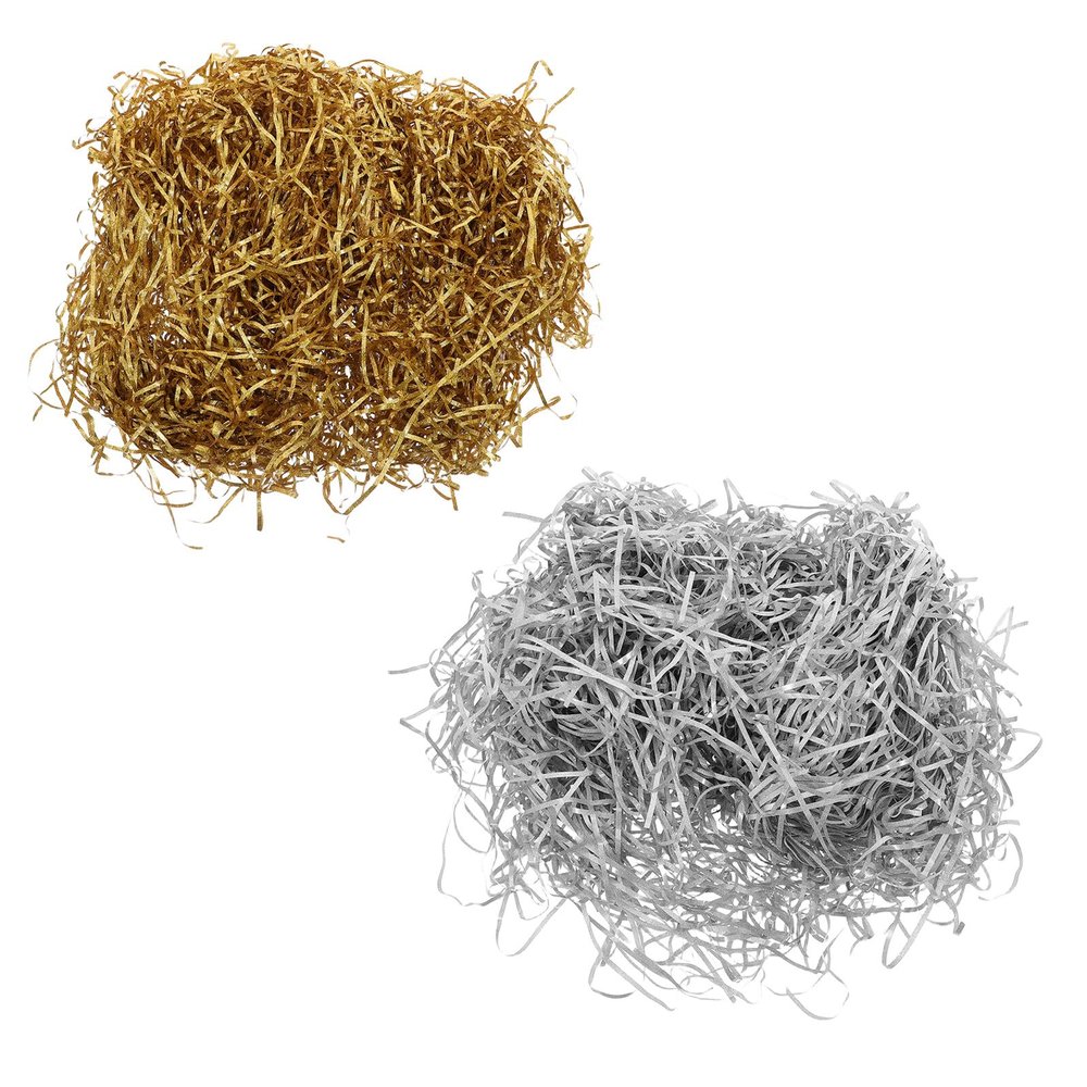 SOESFOUFU Metallic Crinkle Cut Paper Shred Filler 200g (100g Gold + 100g Silver) Glitter Shredded Tissue for Boxes Basket Filling and Decorative Packaging