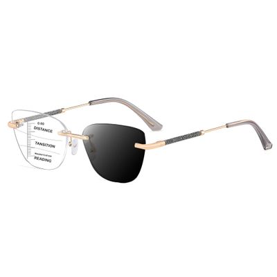 HOOBAY Photochromic Progressive Multifocus Reading Glasses Women, Progressive Readers No Line HD Resin Lenses Rimless (Gold-Grey, 3, Diopters)