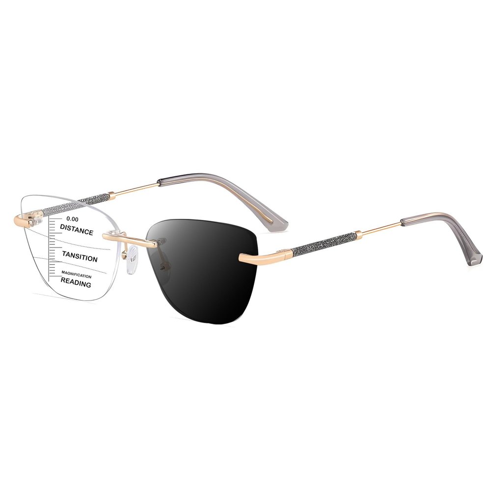 HOOBAY Photochromic Progressive Multifocus Reading Glasses Women, Progressive Readers No Line HD Resin Lenses Rimless (Gold-Grey, 3, Diopters)