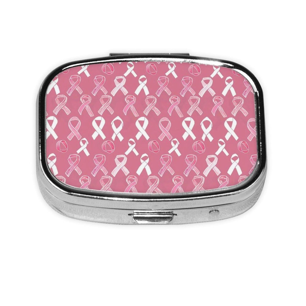 Nuzjahu Preventing Breast Cancer C Print Small Pill Case, Metal Square Travel Pill Organizer Portable Mini Pill Box 2 Compartments for Vitamin, Cod Liver Oil, Supplement