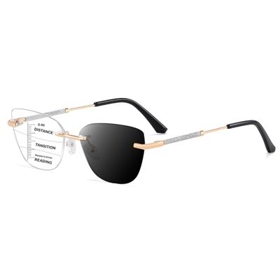 HOOBAY Photochromic Progressive Multifocus Reading Glasses Women, Progressive Readers No Line HD Resin Lenses Rimless (Gold-Black, 3, Diopters)