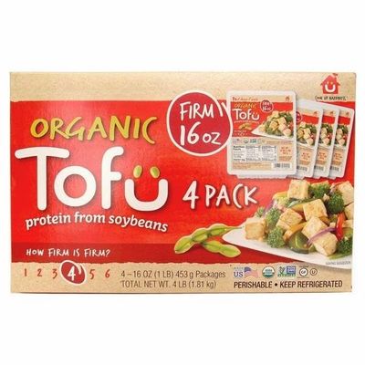 Organic Tofu , Firm , USDA Organic; Kosher; Gluten free; Non GMO. Ingredients: Water, Organic Soybeans, Calcium Sulfate, Calcium Chrloride , A great meat alternative that's packed with plant protein per serving. 4 PK [ 64 oz, 4 lb ]