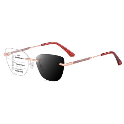 HOOBAY Photochromic Progressive Multifocus Reading Glasses Women, Progressive Readers No Line HD Resin Lenses Rimless (Rose Gold-Red, 0, Diopters)