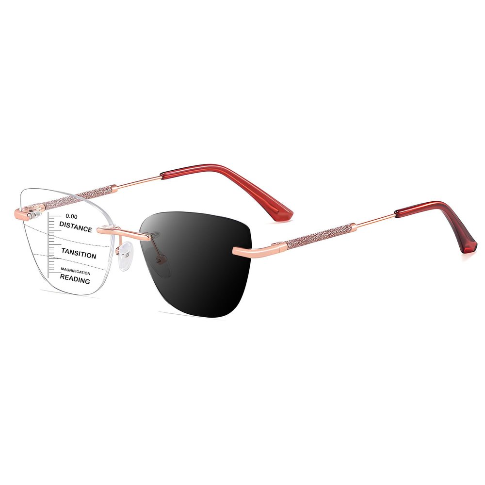 HOOBAY Photochromic Progressive Multifocus Reading Glasses Women, Progressive Readers No Line HD Resin Lenses Rimless (Rose Gold-Red, 0, Diopters)