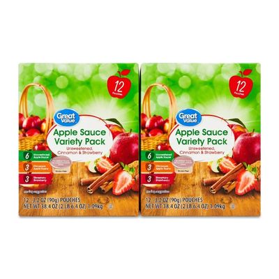 Great Value Apple Sauce Variety Pack, Unsweetened, Cinnamon & Strawberry, 3.2 oz Pouches, 12 Count, Pack of 2, 24 Pouches Total, 76.8 oz