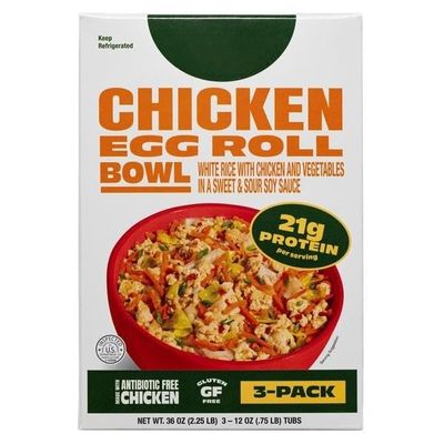 Foods Chicken Egg Roll Bowl, White Rice with Vegetables in a Sweet & Sour Soy Sauce; Gluten Free; Antibiotic Free Chicken; 21 g Protein per Serving; Keep Refrigerated, 3-count [ 36 oz, 2.25 lb ]