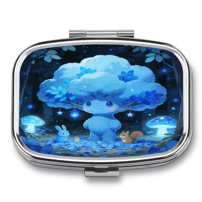 Blue Night Party Pill Case Portable Square Pill Organizer Metal Vitamin Medicine Case Daily Travel Pill Box with 2 Compartments for Vitamins Fish Oils Supplements