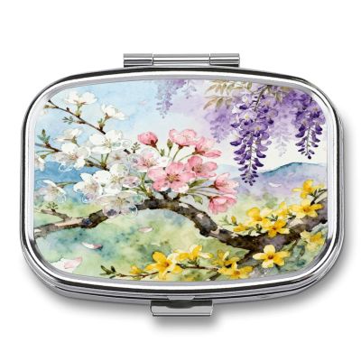 Chic Wildflowers Pill Case Portable Square Pill Organizer Metal Vitamin Medicine Case Daily Travel Pill Box with 2 Compartments for Vitamins Fish Oils Supplements