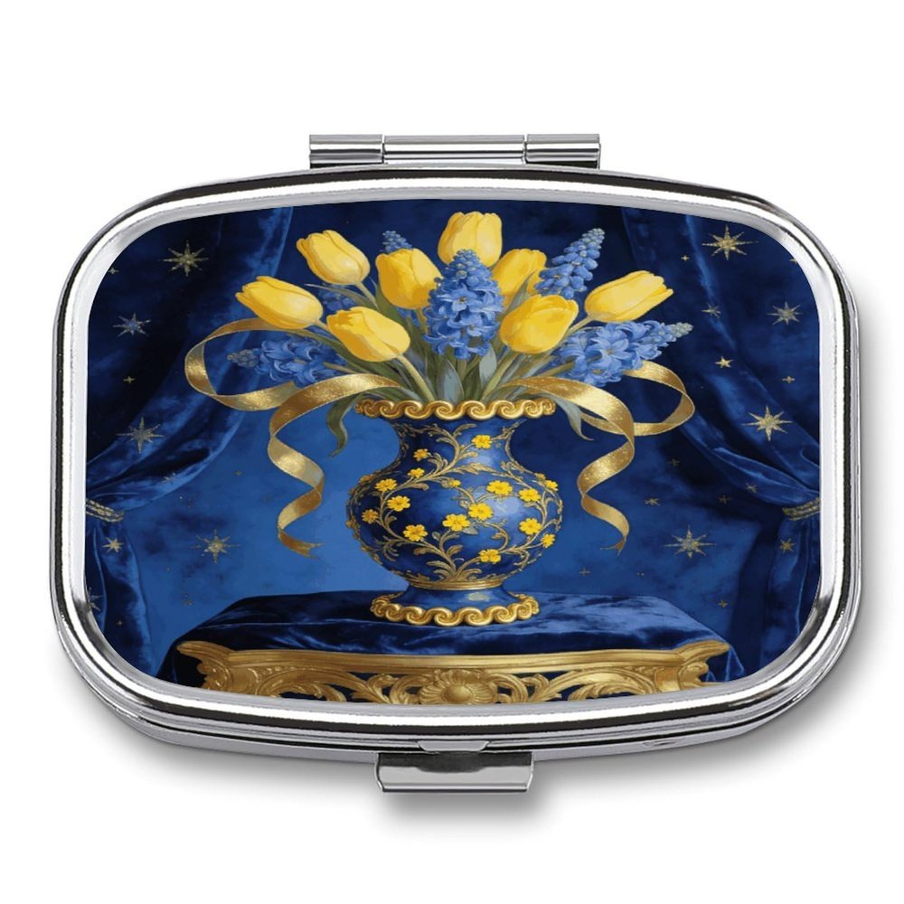 Blue Gilded Yellow Pill Case Portable Square Pill Organizer Metal Vitamin Medicine Case Daily Travel Pill Box with 2 Compartments for Vitamins Fish Oils Supplements