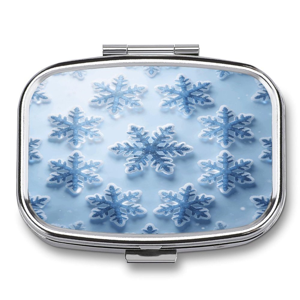 Christmas Blue Snowflakes Pill Case Portable Square Pill Organizer Metal Vitamin Medicine Case Daily Travel Pill Box with 2 Compartments for Vitamins Fish Oils Supplements
