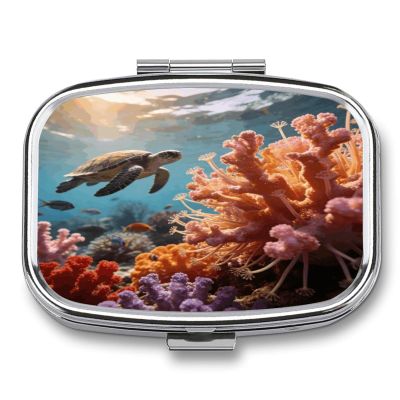 Corals and Turtles Pill Case Portable Square Pill Organizer Metal Vitamin Medicine Case Daily Travel Pill Box with 2 Compartments for Vitamins Fish Oils Supplements