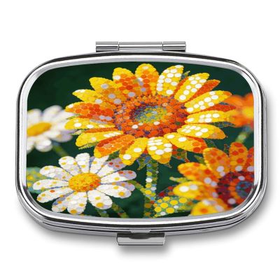 Colorful Flowers Pill Case Portable Square Pill Organizer Metal Vitamin Medicine Case Daily Travel Pill Box with 2 Compartments for Vitamins Fish Oils Supplements