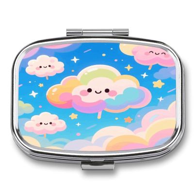 Cloud Pill Case Portable Square Pill Organizer Metal Vitamin Medicine Case Daily Travel Pill Box with 2 Compartments for Vitamins Fish Oils Supplements
