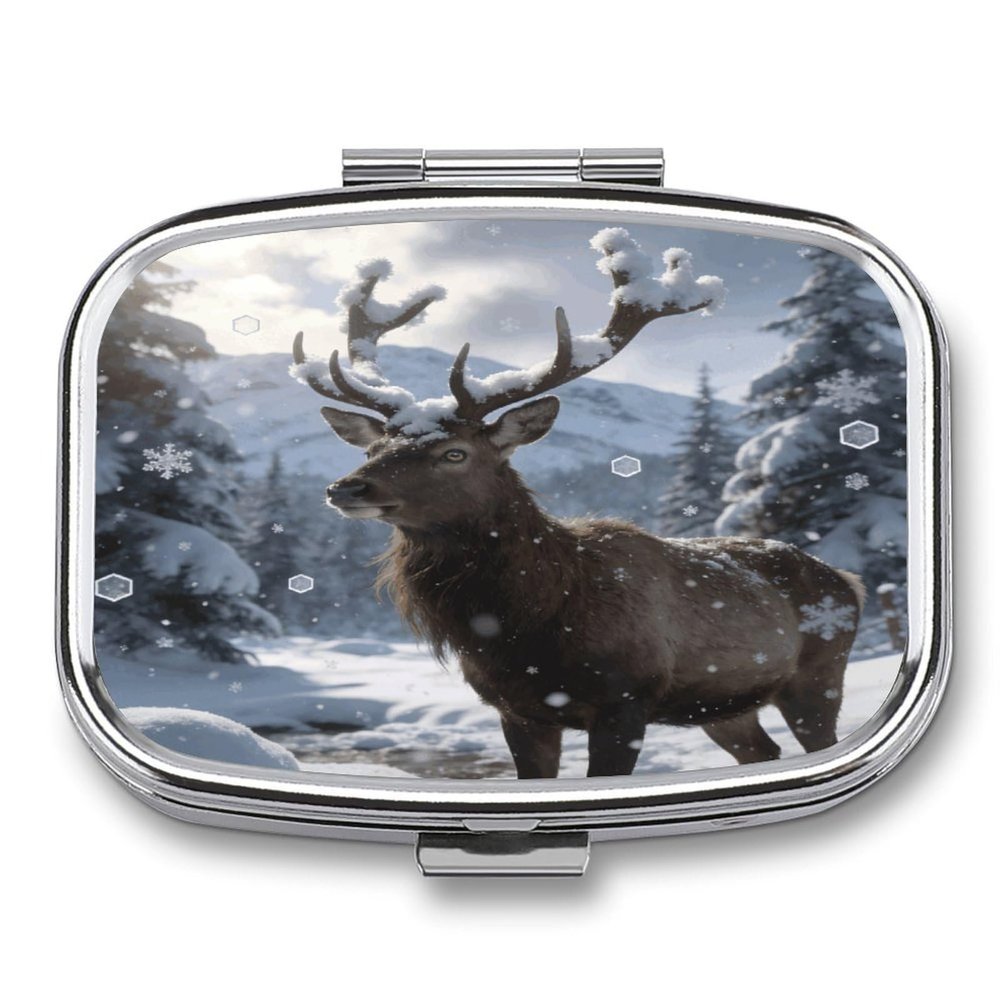 Cold Forest Snowy Deer Pill Case Portable Square Pill Organizer Metal Vitamin Medicine Case Daily Travel Pill Box with 2 Compartments for Vitamins Fish Oils Supplements