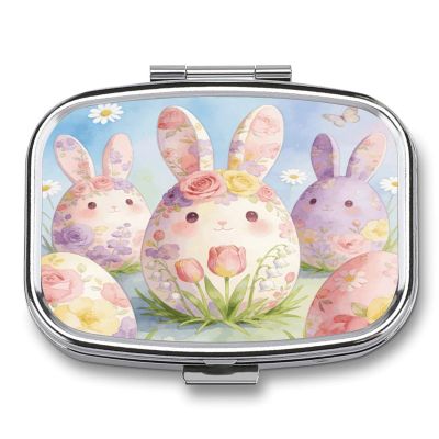Bunny Floral Eggs Pill Case Portable Square Pill Organizer Metal Vitamin Medicine Case Daily Travel Pill Box with 2 Compartments for Vitamins Fish Oils Supplements