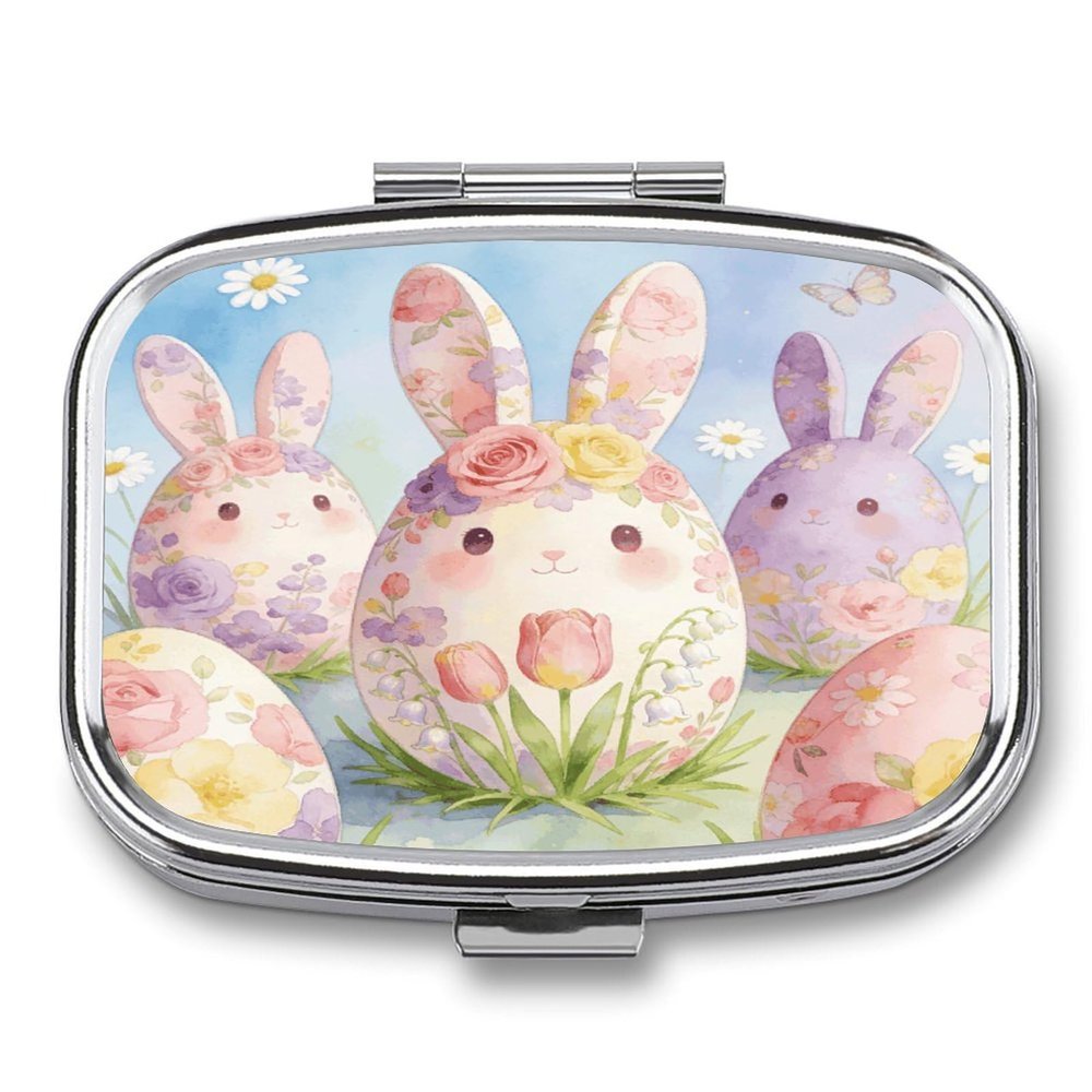 Bunny Floral Eggs Pill Case Portable Square Pill Organizer Metal Vitamin Medicine Case Daily Travel Pill Box with 2 Compartments for Vitamins Fish Oils Supplements
