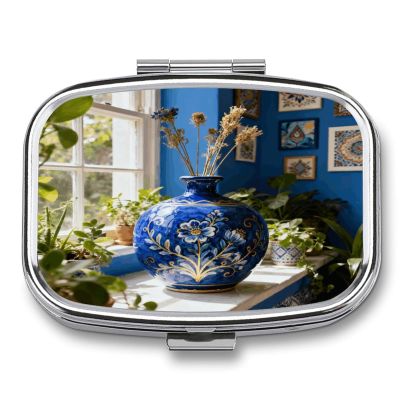 Bohemia Blue Pill Case Portable Square Pill Organizer Metal Vitamin Medicine Case Daily Travel Pill Box with 2 Compartments for Vitamins Fish Oils Supplements