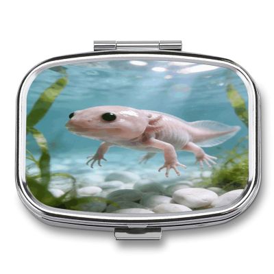 Axolotl Pill Case Portable Square Pill Organizer Metal Vitamin Medicine Case Daily Travel Pill Box with 2 Compartments for Vitamins Fish Oils Supplements
