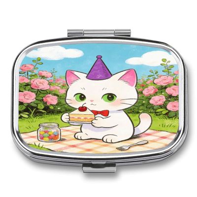 Birthday Pill Case Portable Square Pill Organizer Metal Vitamin Medicine Case Daily Travel Pill Box with 2 Compartments for Vitamins Fish Oils Supplements