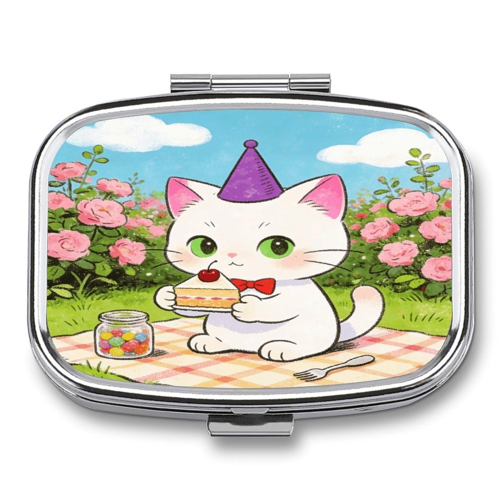 Birthday Pill Case Portable Square Pill Organizer Metal Vitamin Medicine Case Daily Travel Pill Box with 2 Compartments for Vitamins Fish Oils Supplements