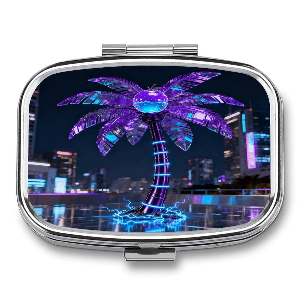 Coconut Tree Purple Pill Case Portable Square Pill Organizer Metal Vitamin Medicine Case Daily Travel Pill Box with 2 Compartments for Vitamins Fish Oils Supplements
