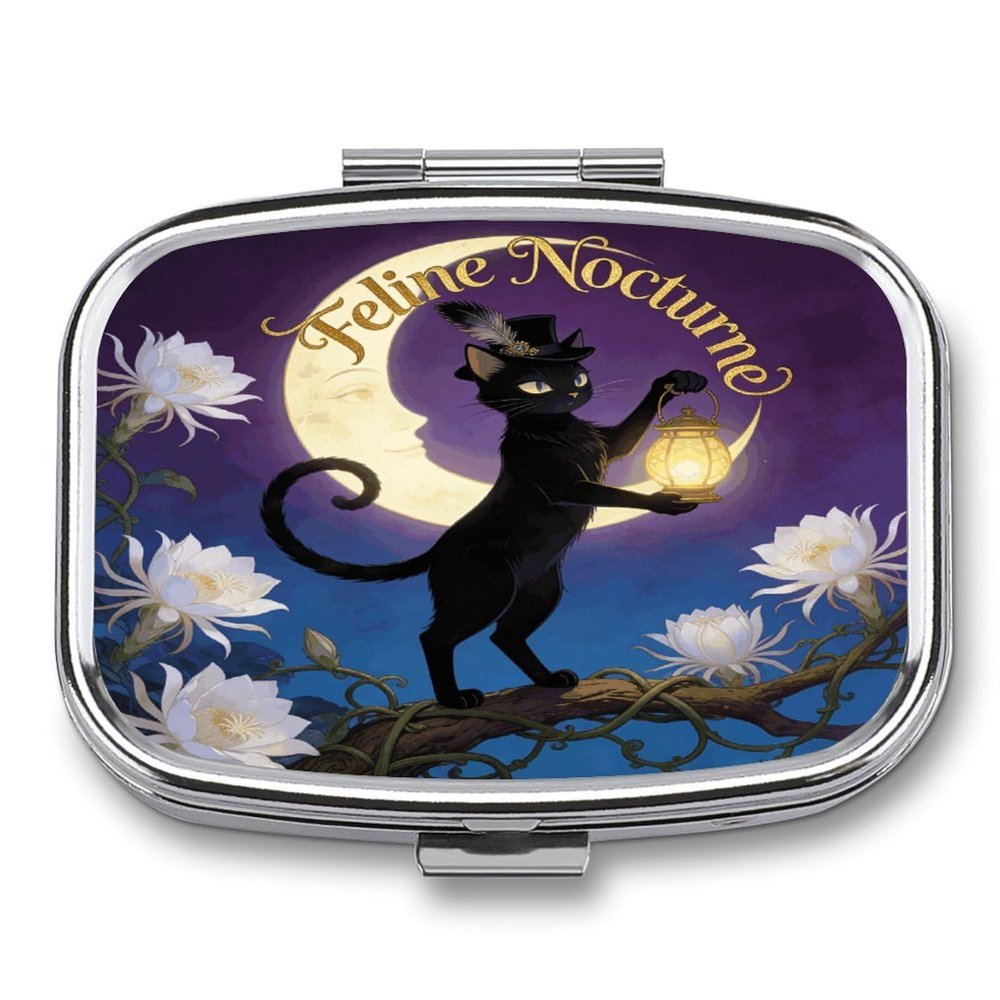 Feline Nocturne Pill Case Portable Square Pill Organizer Metal Vitamin Medicine Case Daily Travel Pill Box with 2 Compartments for Vitamins Fish Oils Supplements