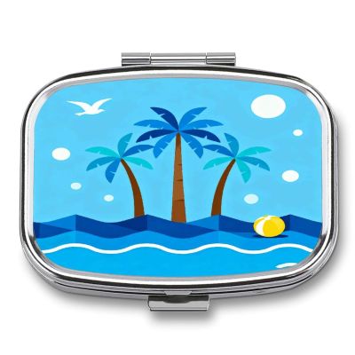 Blue Tropical Pill Case Portable Square Pill Organizer Metal Vitamin Medicine Case Daily Travel Pill Box with 2 Compartments for Vitamins Fish Oils Supplements