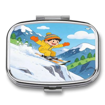 Downhill Skiing Pill Case Portable Square Pill Organizer Metal Vitamin Medicine Case Daily Travel Pill Box with 2 Compartments for Vitamins Fish Oils Supplements