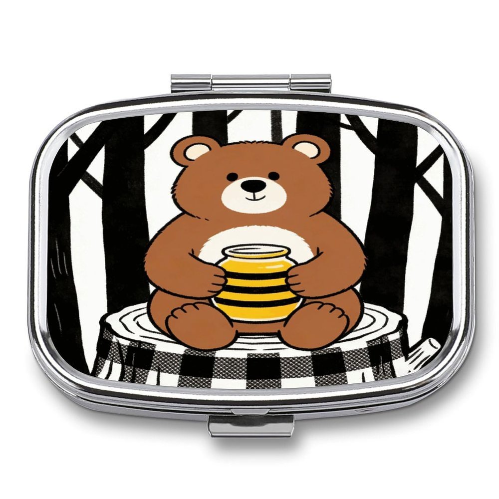 Black Checkered Cartoon Pill Case Portable Square Pill Organizer Metal Vitamin Medicine Case Daily Travel Pill Box with 2 Compartments for Vitamins Fish Oils Supplements