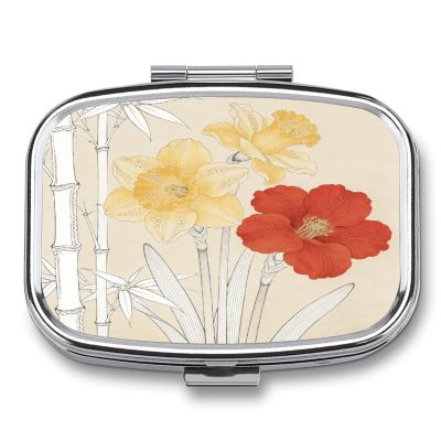 Daffodils Scarlet and Bone Bamboo Pill Case Portable Square Pill Organizer Metal Vitamin Medicine Case Daily Travel Pill Box with 2 Compartments for Vitamins Fish Oils Supplements