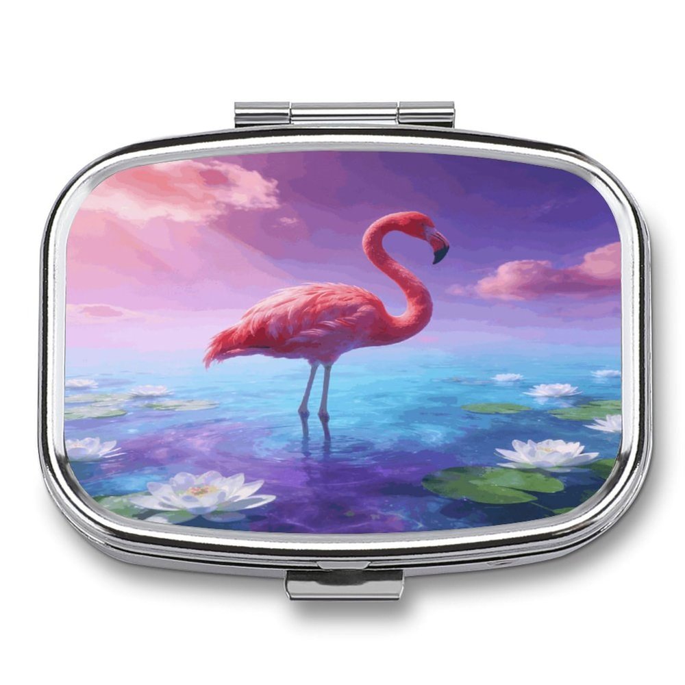 Flamingo Pill Case Portable Square Pill Organizer Metal Vitamin Medicine Case Daily Travel Pill Box with 2 Compartments for Vitamins Fish Oils Supplements