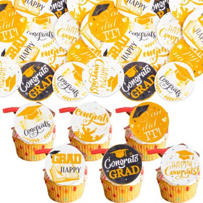 Ephlyn 54Pcs Edible 2026 Graduation Cupcake Toppers Wafer Paper Grad Cap Cupcake Picks Diploma Done Congrats Grad Cake Decorations for Class of 2026 Graduation Party Supplies Orange