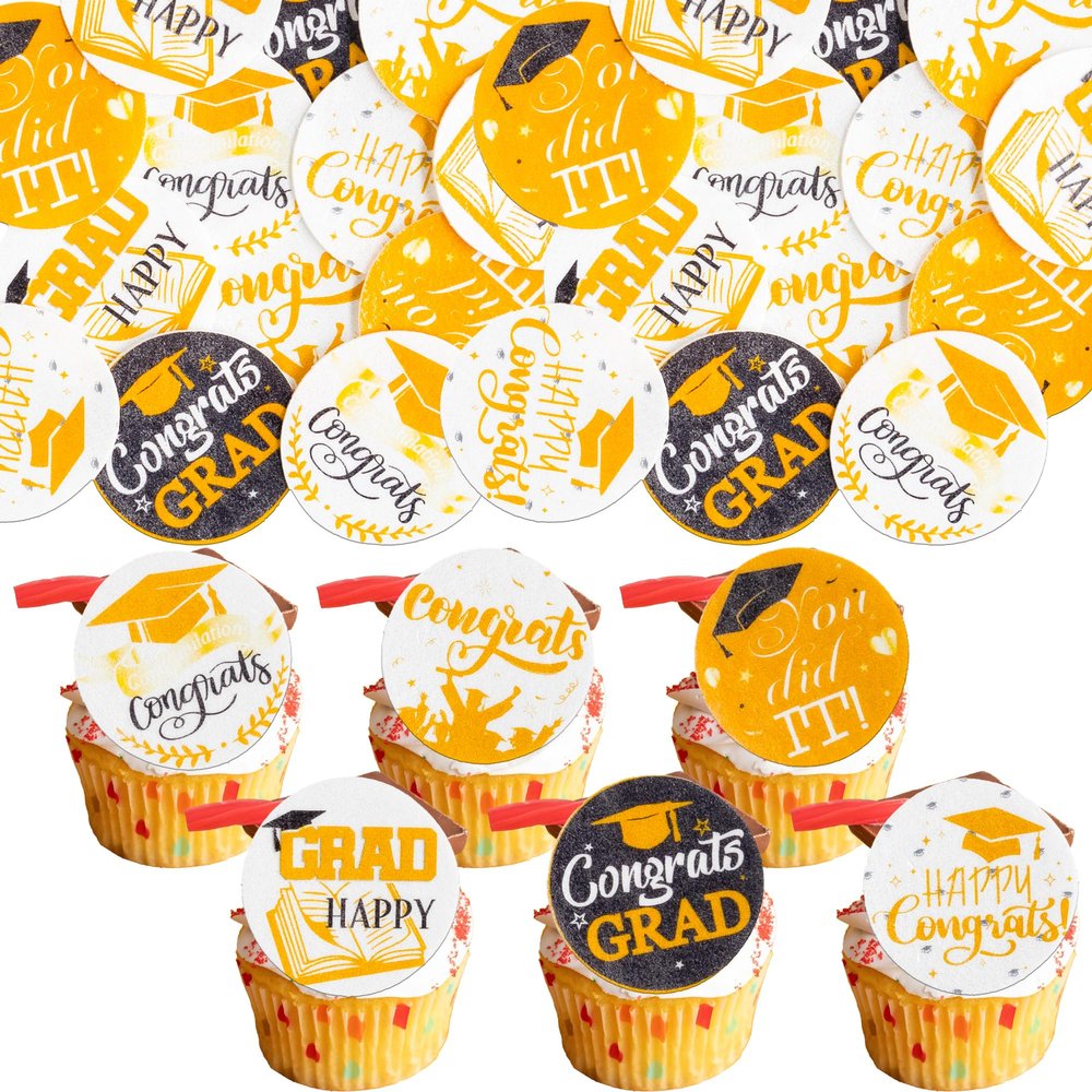 Ephlyn 54Pcs Edible 2026 Graduation Cupcake Toppers Wafer Paper Grad Cap Cupcake Picks Diploma Done Congrats Grad Cake Decorations for Class of 2026 Graduation Party Supplies Orange