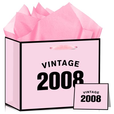 Wauprant 18th Birthday Gift Bag for Girls Vintage 2008 Pink Happy 18th Birthday Gift Bag with Tissue Paper and Card Rose Gold 18th Birthday Bag for Eighteen Year Old Bday Party Supplies