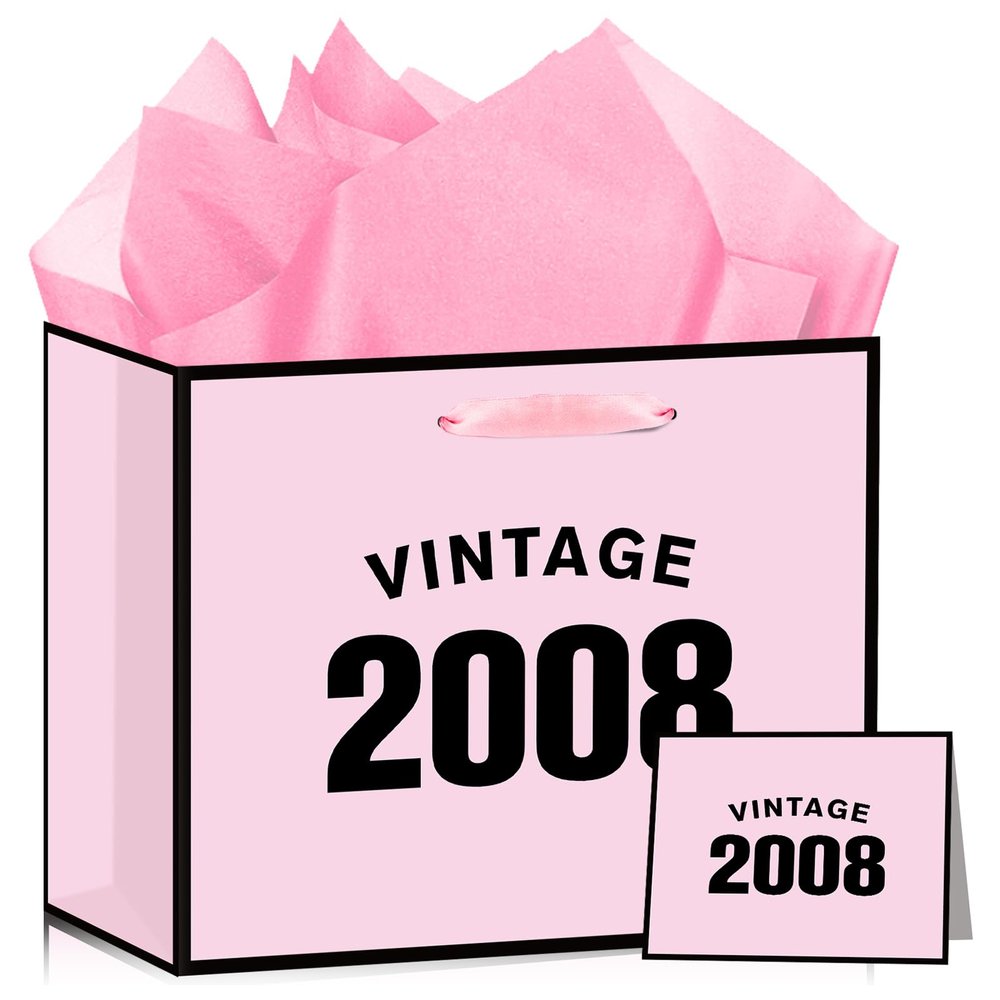 Wauprant 18th Birthday Gift Bag for Girls Vintage 2008 Pink Happy 18th Birthday Gift Bag with Tissue Paper and Card Rose Gold 18th Birthday Bag for Eighteen Year Old Bday Party Supplies