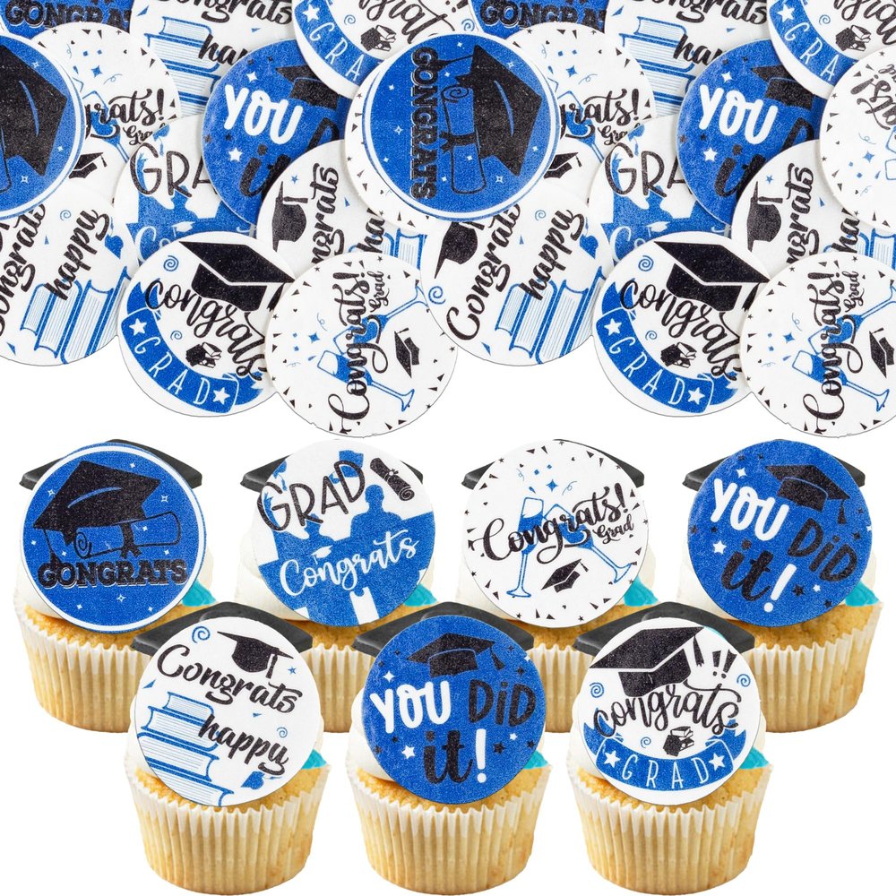 Ephlyn 54Pcs Edible 2026 Graduation Cupcake Toppers Wafer Paper Grad Cap Cupcake Picks Diploma Done Congrats Grad Cake Decorations for Class of 2026 Graduation Party Supplies White Blue
