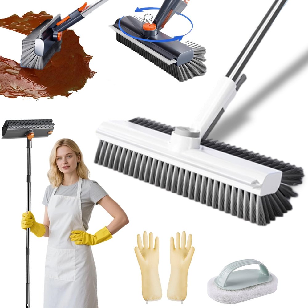 Ultimate 3-in-1 Scrub Brush for Effortless Cleaning, 3 in 1 Adjustable Scrub Brush, 90 Scrape Heavy-Duty Stiff Bristle Brush with Long Handle for Floor Tile Patio Garage Deck Bathroom Kitchen (White)
