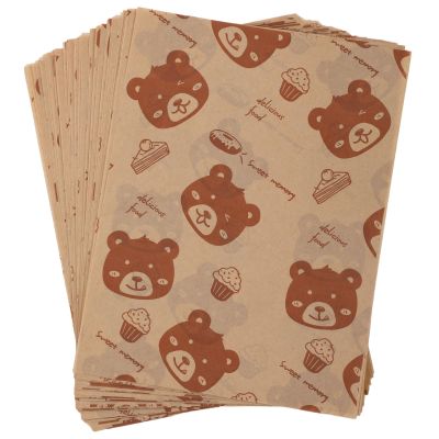 GeeRic Waxed Deli Paper Sheets 100 Pcs, 5.9 * 7.87 Inch Food Basket Liners for Sandwiches, Burgers, Brown Wax Paper Sheet for Food Bear Print
