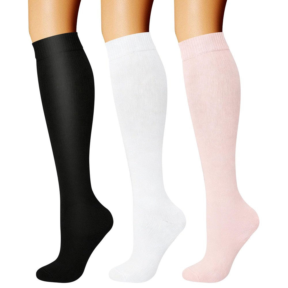 CHARMKING Compression Socks for Women & Men Circulation (3 Pairs) 15-20 mmHg is Best Athletic for Running, Flight Travel, Support, Cycling, Pregnant - Boost Performance(L/XL, Pink/White/Black)