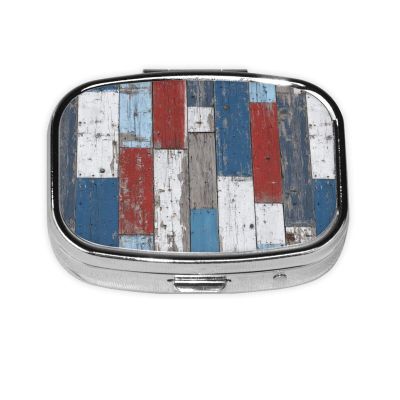 Old Wooden Planks Pill Box Square Metal Pill Case with 2 Compartment Travel Pill Organizer for Vitamins Medication