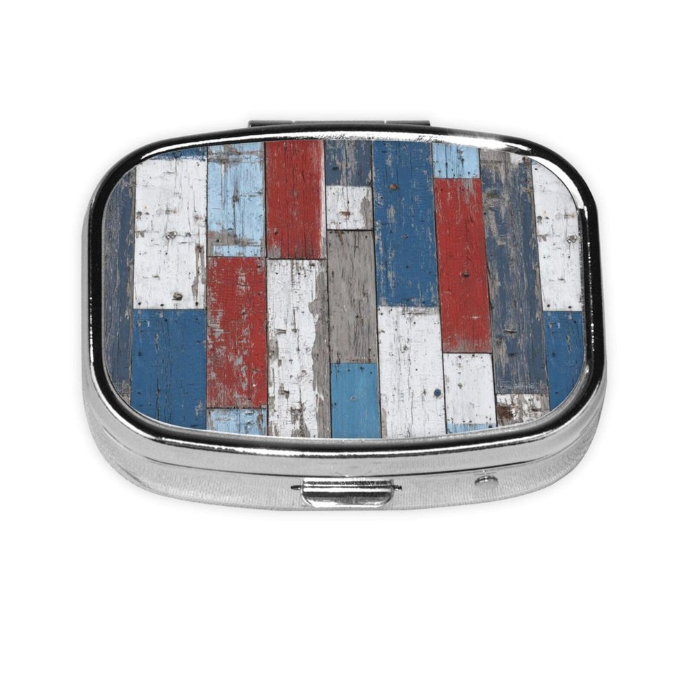 Old Wooden Planks Pill Box Square Metal Pill Case with 2 Compartment Travel Pill Organizer for Vitamins Medication