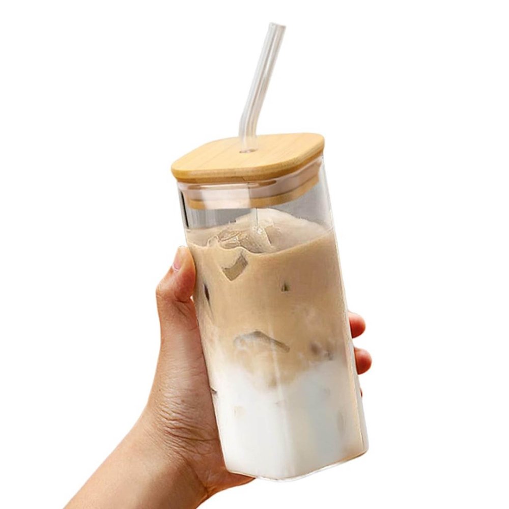 14oz Square Glass Texture Tumblers with Lids and Straws, Heat Resistant Clear Plastic Drinking Cup, 400ML Reusable Square Cup for Coffee Juice Milk Home Office School Outdoor Use (1PC-B)