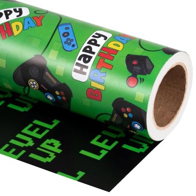 WRAPAHOLIC Reversible Gaming Birthday Wrapping Paper Roll - Mini Roll - 17 Inch x 16.5 Feet - Gamer Controller and Level Up Video Game Wrapping Paper for Boys Birthday, Game Lover, Baby Shower