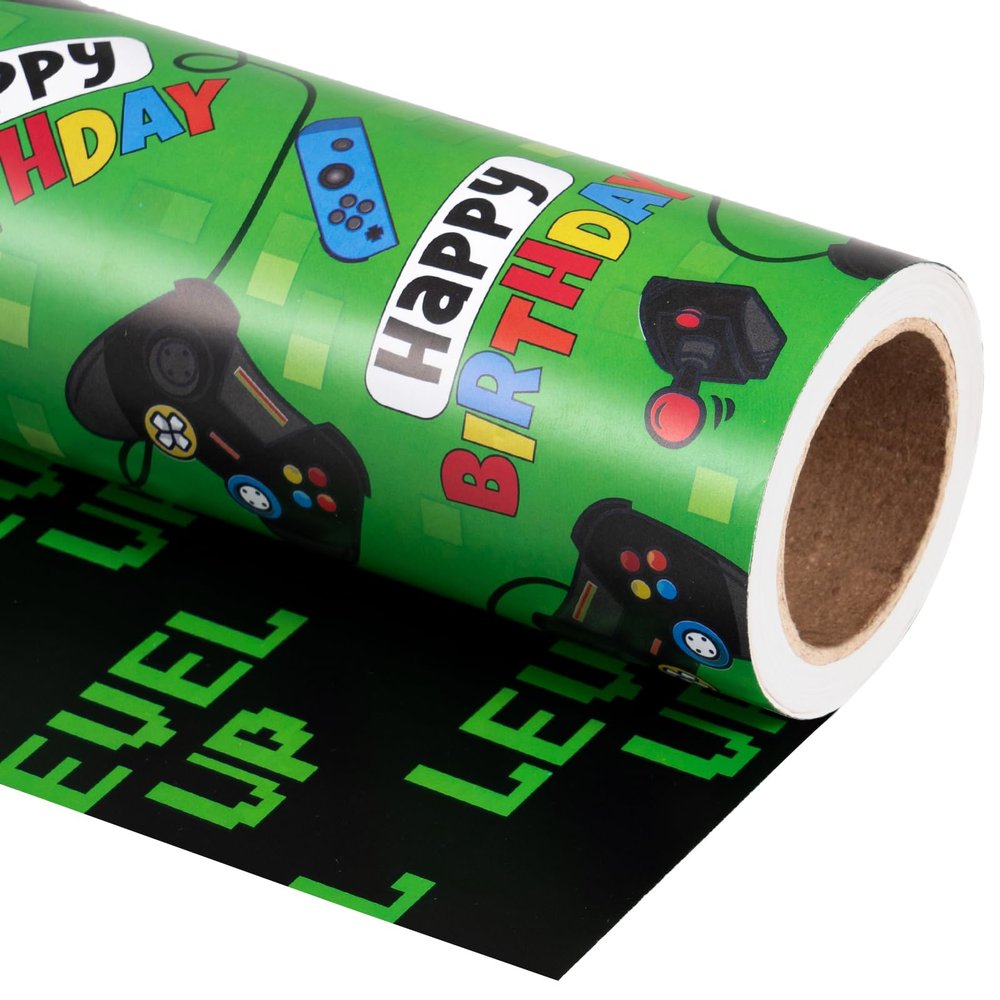 WRAPAHOLIC Reversible Gaming Birthday Wrapping Paper Roll - Mini Roll - 17 Inch x 16.5 Feet - Gamer Controller and Level Up Video Game Wrapping Paper for Boys Birthday, Game Lover, Baby Shower