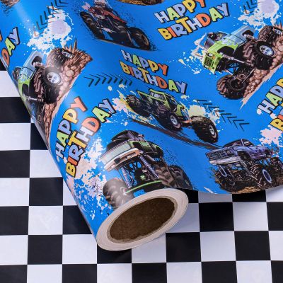 WRAPAHOLIC Reversible Monster Truck Birthday Wrapping Paper Roll - Mini Roll - 17 Inch x 16.5 Feet - Birthday Monster Truck Wrapping Paper with Checkered Flag Gift Wrap for Kids Boys, Baby Shower