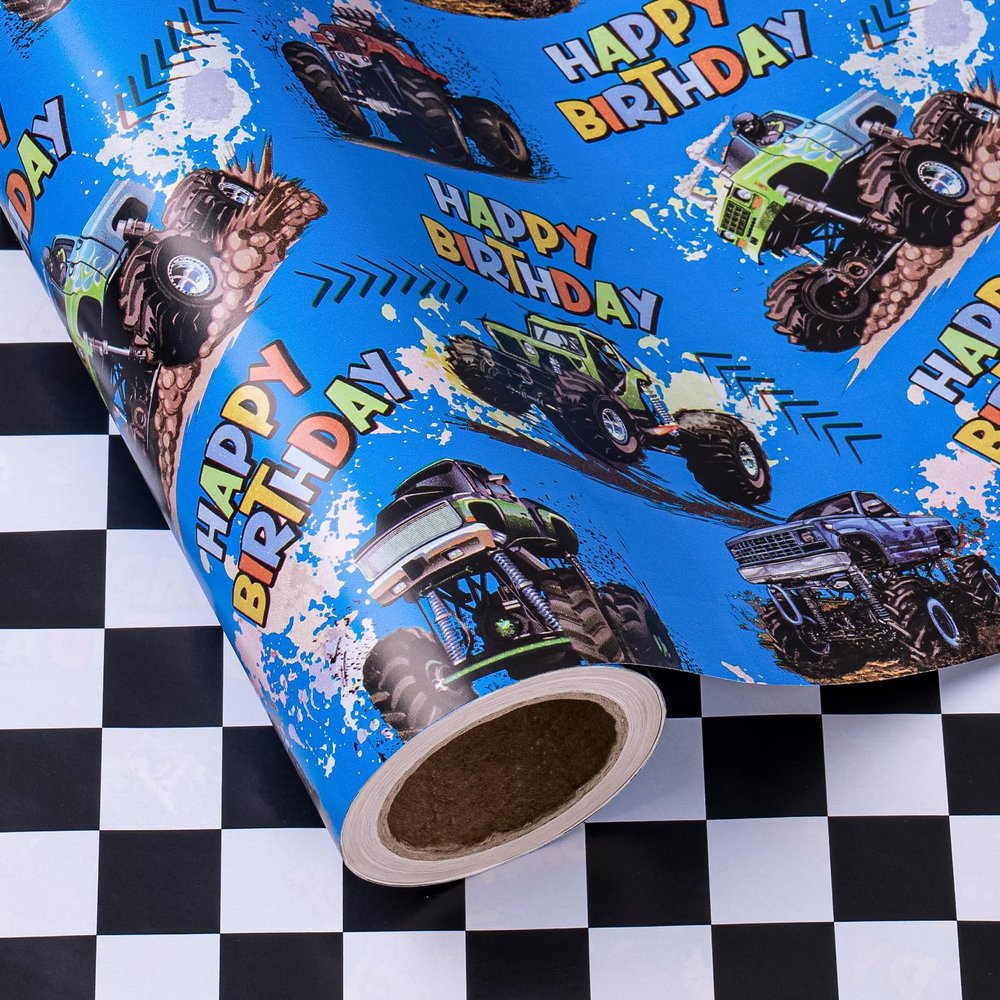 WRAPAHOLIC Reversible Monster Truck Birthday Wrapping Paper Roll - Mini Roll - 17 Inch x 16.5 Feet - Birthday Monster Truck Wrapping Paper with Checkered Flag Gift Wrap for Kids Boys, Baby Shower