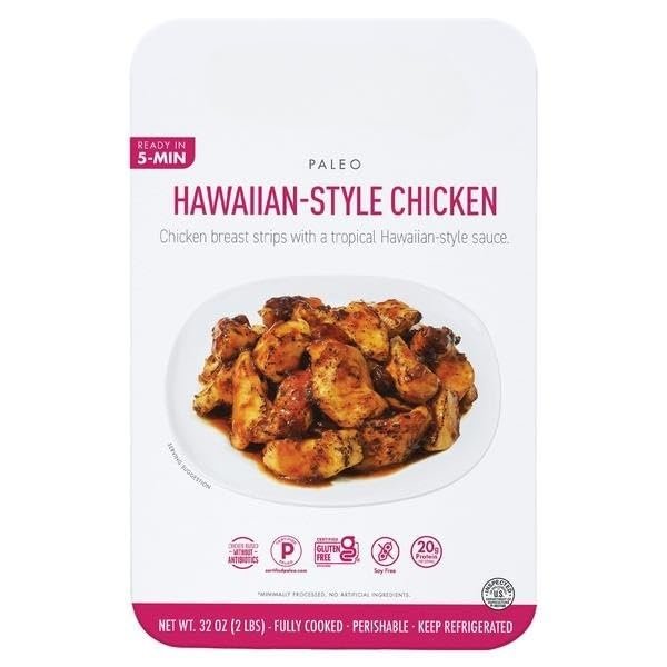 Natural Foods Hawaiian Style Chicken, Chicken Breast Strips with a Tropical Hawaiian-Style Sauce. Ready in 5 Minutes; Soy and Gluten Free; Paleo, 20g of Protein. [ 32 oz, 2 lb ]