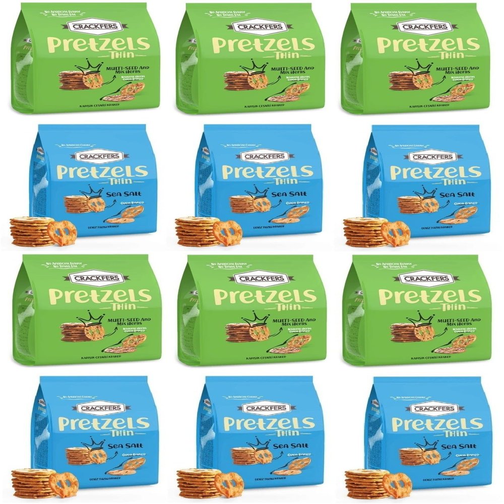 Crackfers Thin Pretzel Variety Pack, Multi-Seed and Mix Herbs & Sea Salt, Oven Baked, No Artificial Colour, 12 Pack