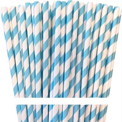 100 Biodegradable Paper Straws in Light Blue & White Stripes, 7.75 Inches for Events