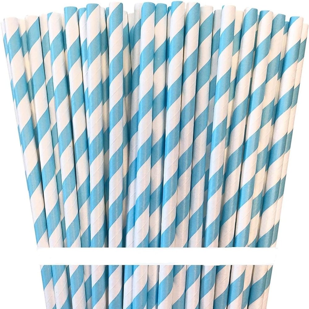 100 Biodegradable Paper Straws in Light Blue & White Stripes, 7.75 Inches for Events